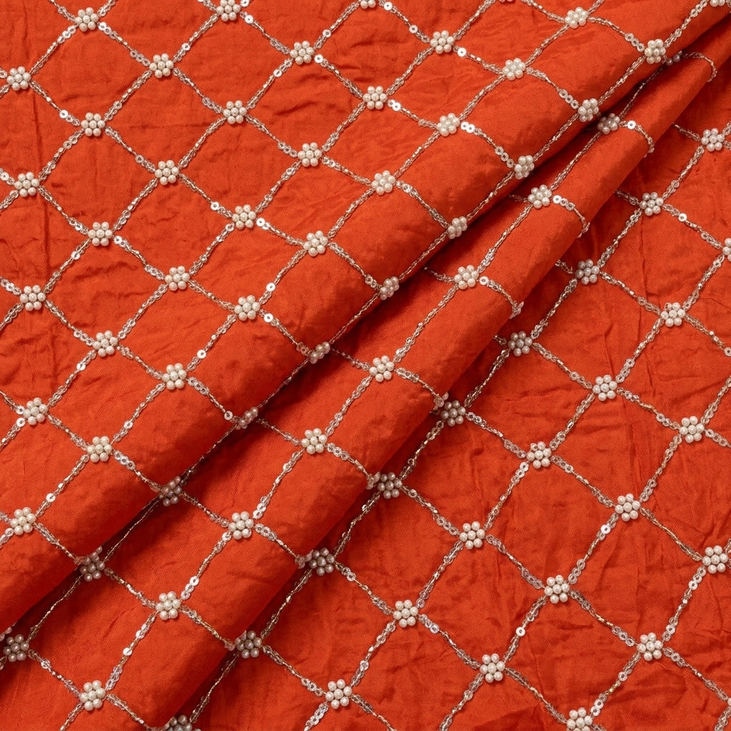Folded Embroidery Dark Orange Embroidery Crepe Fabric