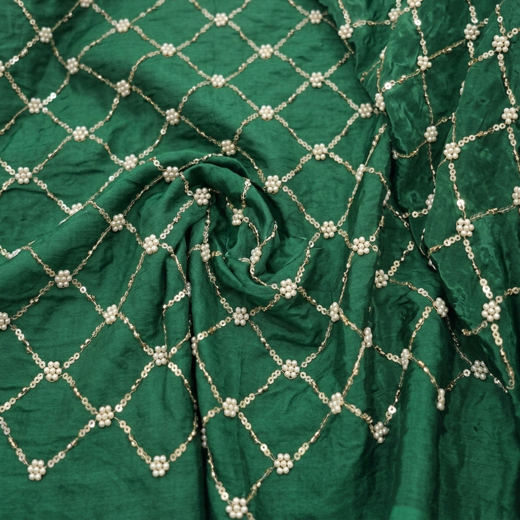 Swirled Embroidery Dark Green Embroidery Crepe Fabric