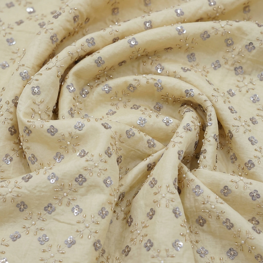 Swirled Embroidery Yellow Embroidery Crepe Fabric