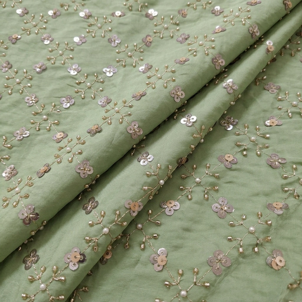 Folded Embroidery Green Embroidery Crepe Fabric