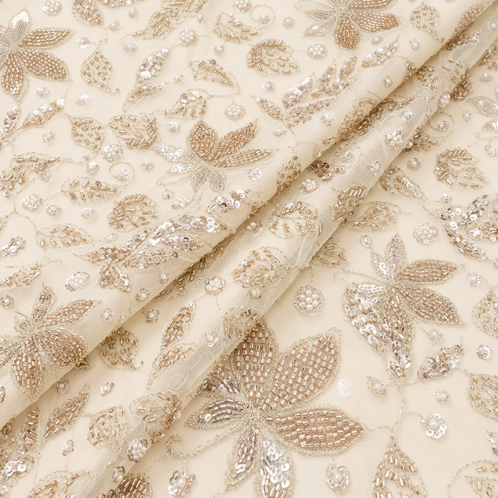Folded Embroidery White Embroidery Georgette Fabric