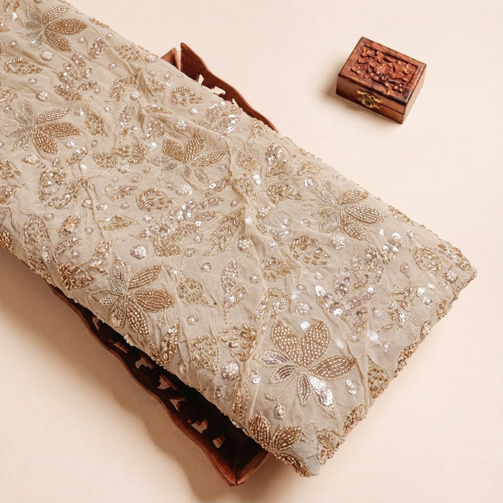 Folded White Embroidery Georgette Fabric Highlighting Floral Stone Bead and Texture