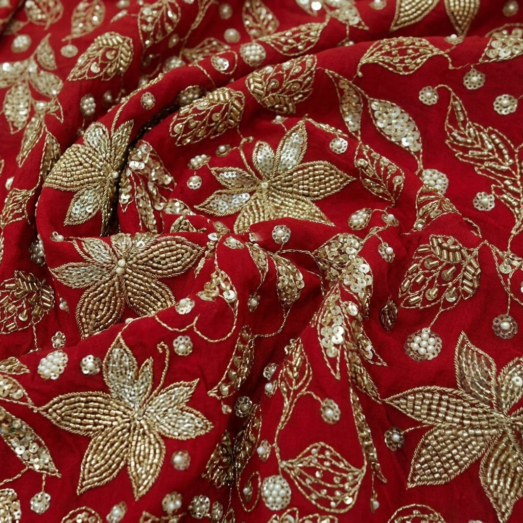 Swirled Embroidery Red Embroidery Georgette Fabric