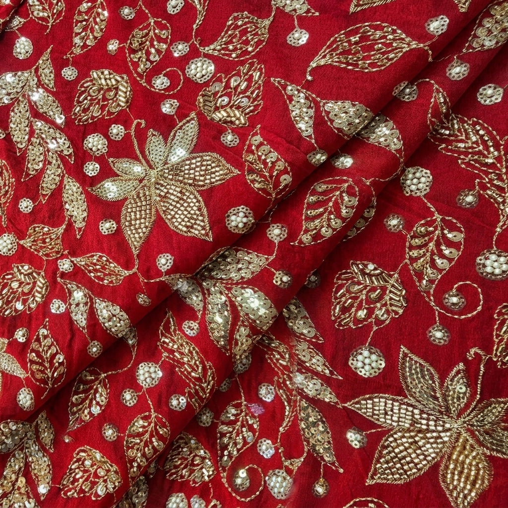Folded Embroidery Red Embroidery Georgette Fabric