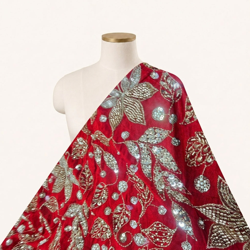 Embroidery Red Embroidery Georgette Fabric Draped as a saree