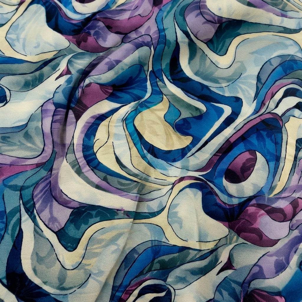 Swirled Abstract Blue Abstract Crepe Fabric