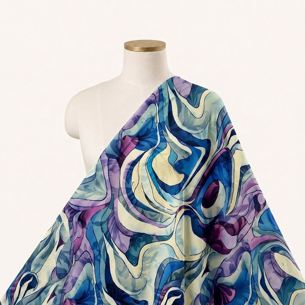 Abstract Blue Abstract Crepe Fabric Draped as a saree