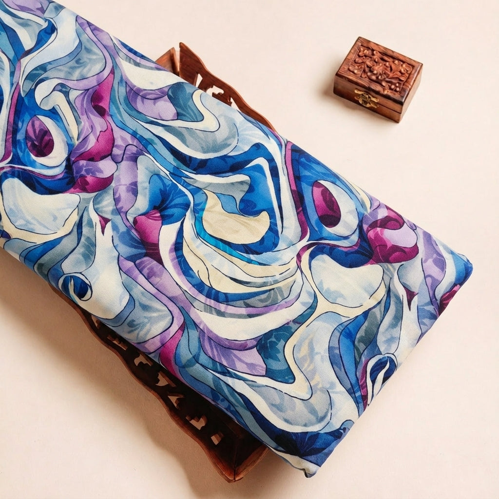 Folded Blue Abstract Crepe Fabric Highlighting and Texture