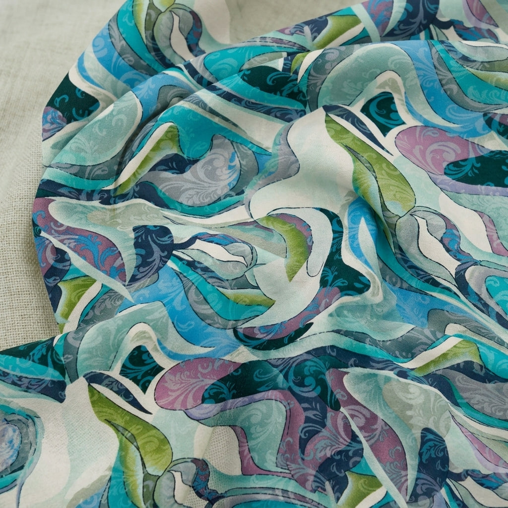 Swirled Abstract Cream Abstract Crepe Fabric