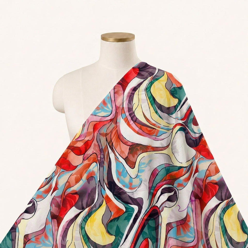 Abstract Red Abstract Crepe Fabric Draped as a saree