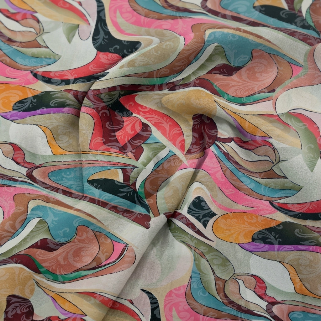 Swirled Abstract Cream Abstract Crepe Fabric