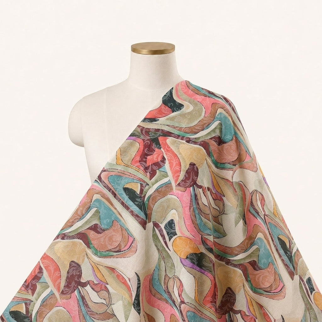 Abstract Cream Abstract Crepe Fabric Draped as a saree