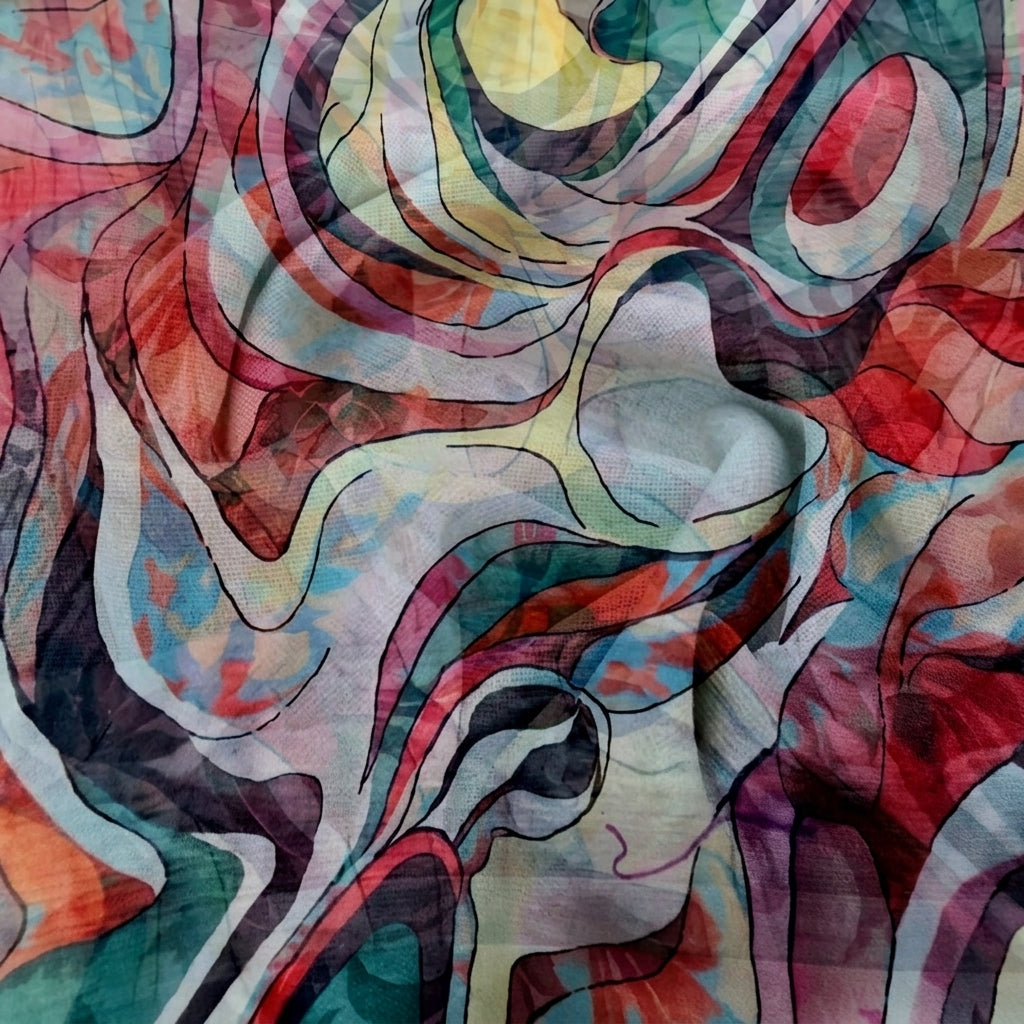 Swirled Abstract Red Abstract Organza Fabric
