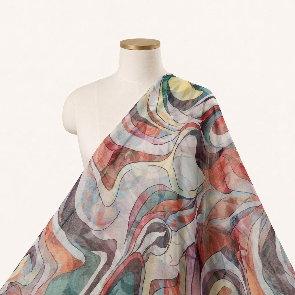 Abstract Red Abstract Organza Fabric Draped as a saree