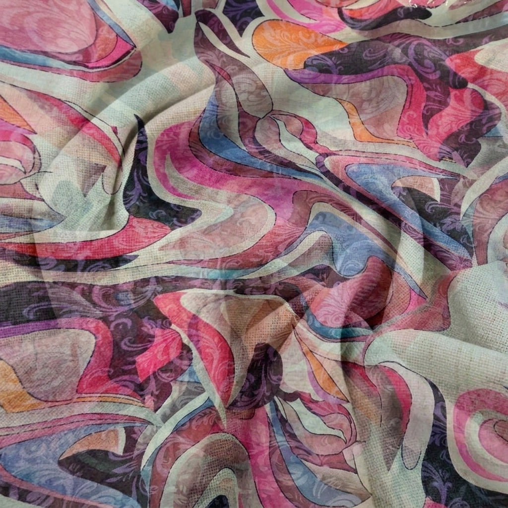Swirled Abstract Pink Abstract Organza Fabric