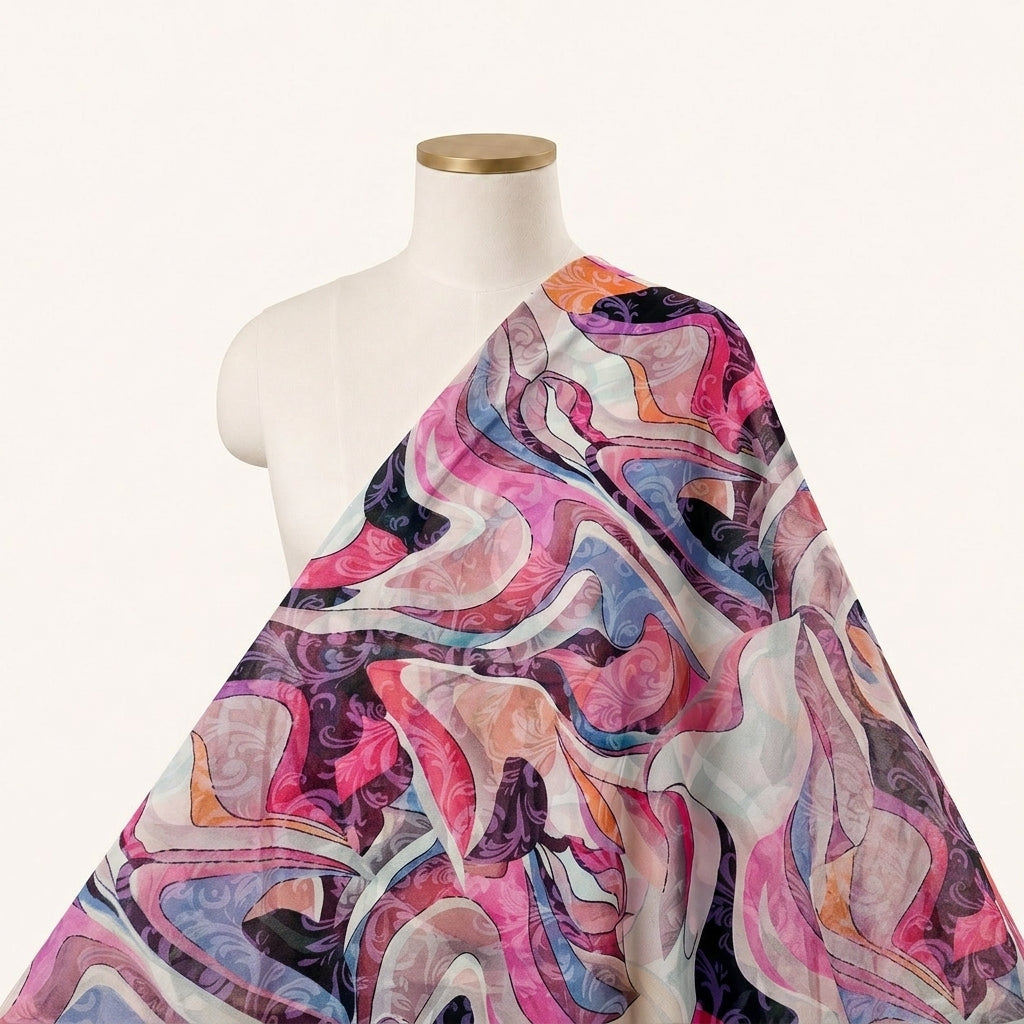 Abstract Pink Abstract Organza Fabric Draped as a saree