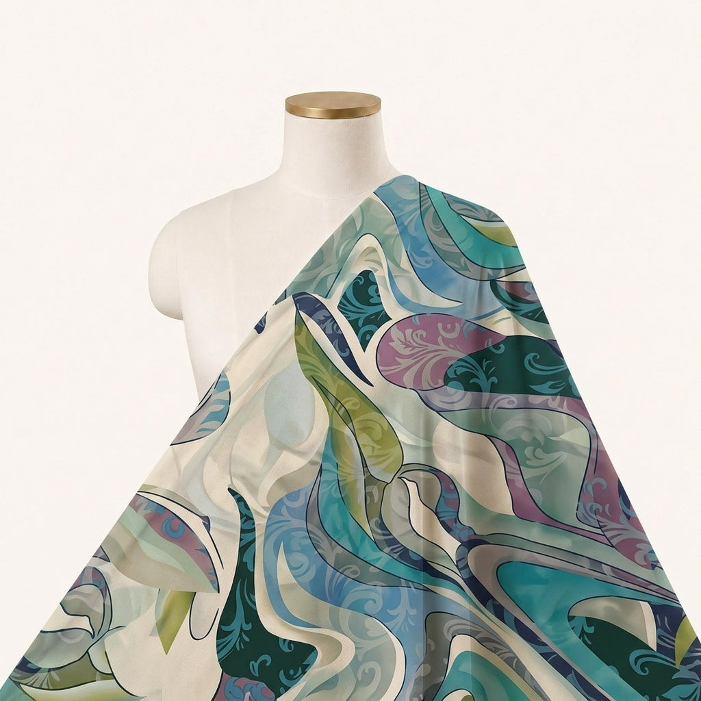 Abstract Cream Abstract Organza Fabric Draped as a saree