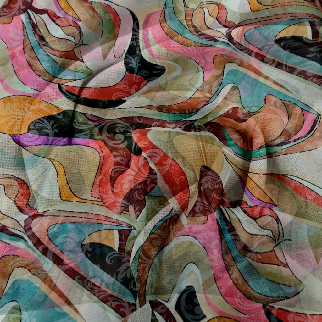 Swirled Abstract Biege Abstract Organza Fabric