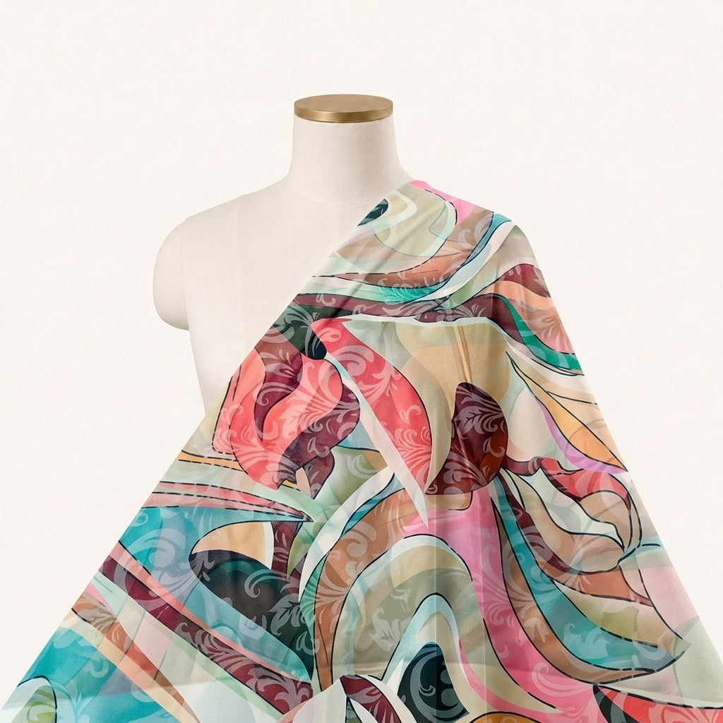 Abstract Biege Abstract Organza Fabric Draped as a saree