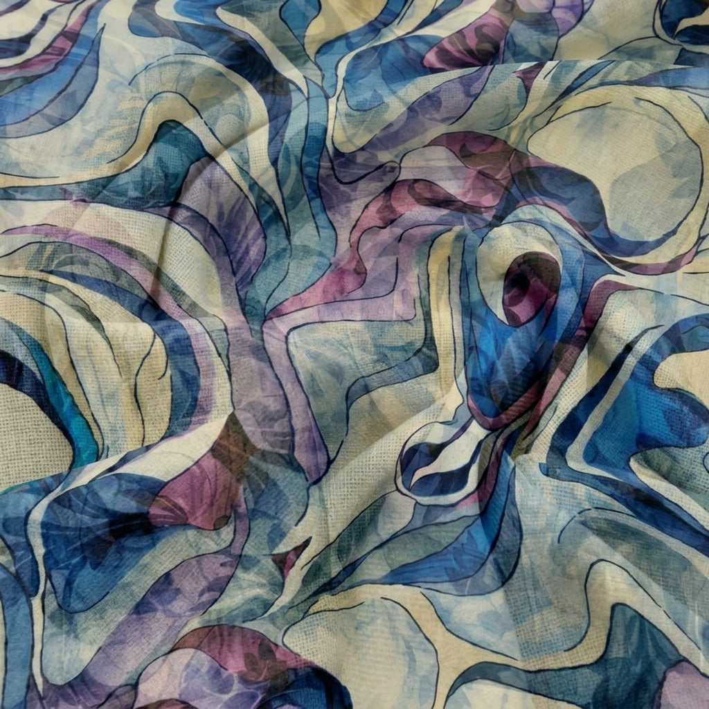 Swirled Abstract Blue Abstract Organza Fabric