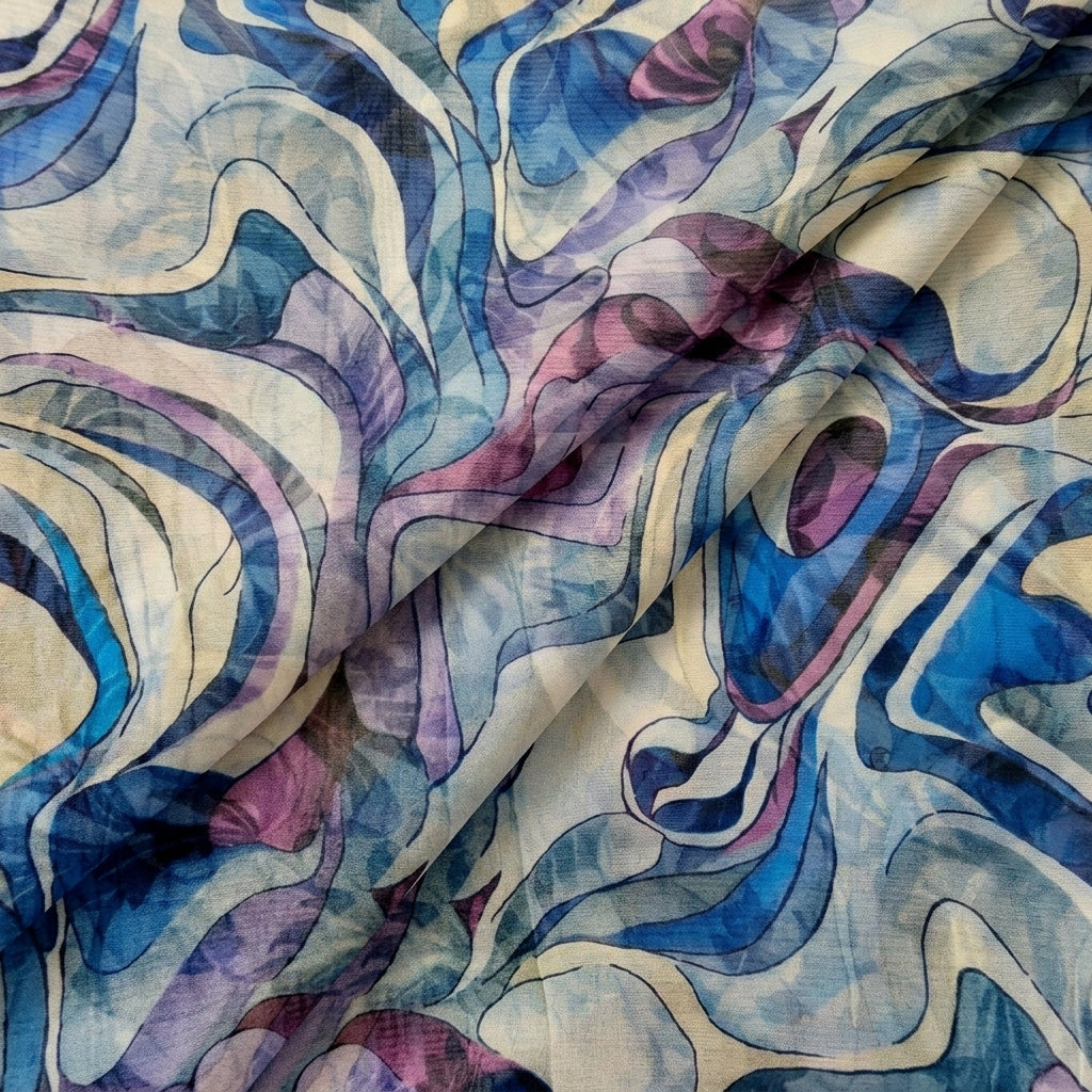 Folded Abstract Blue Abstract Organza Fabric
