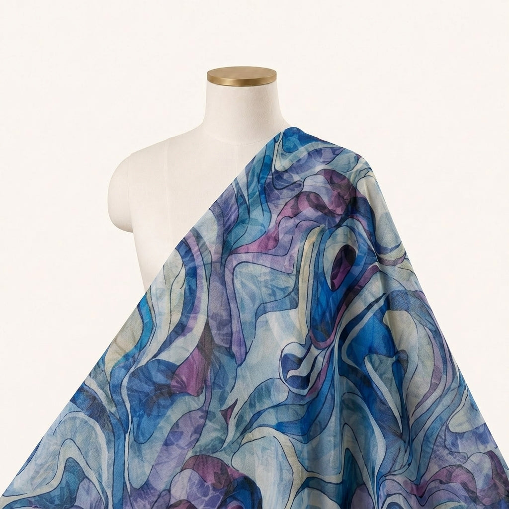 Abstract Blue Abstract Organza Fabric Draped as a saree