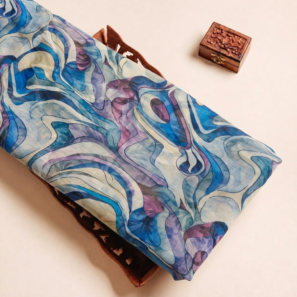 Folded Blue Abstract Organza Fabric Highlighting and Texture