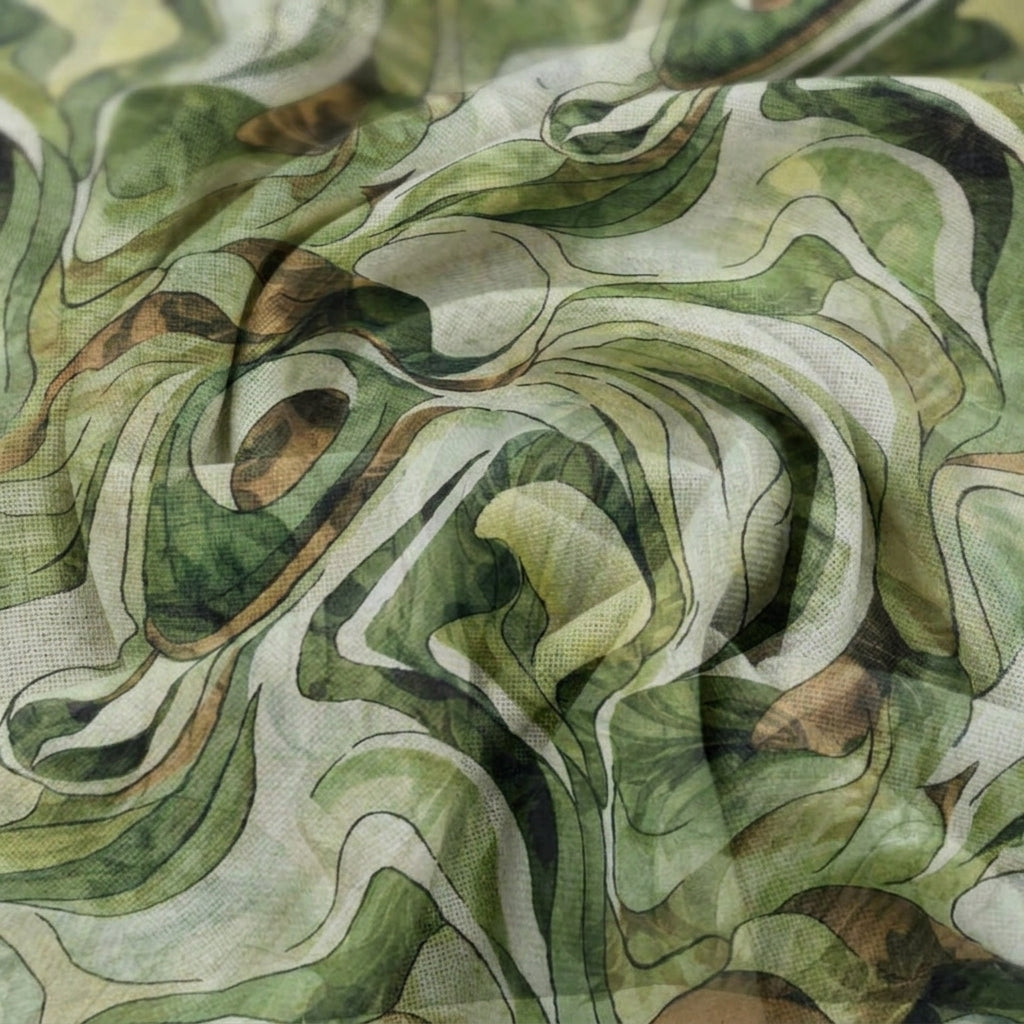 Swirled Abstract Green Abstract Organza Fabric