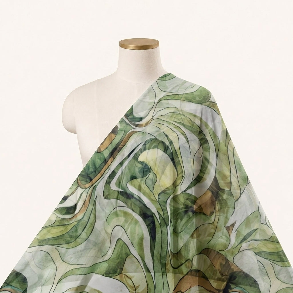 Abstract Green Abstract Organza Fabric Draped as a saree