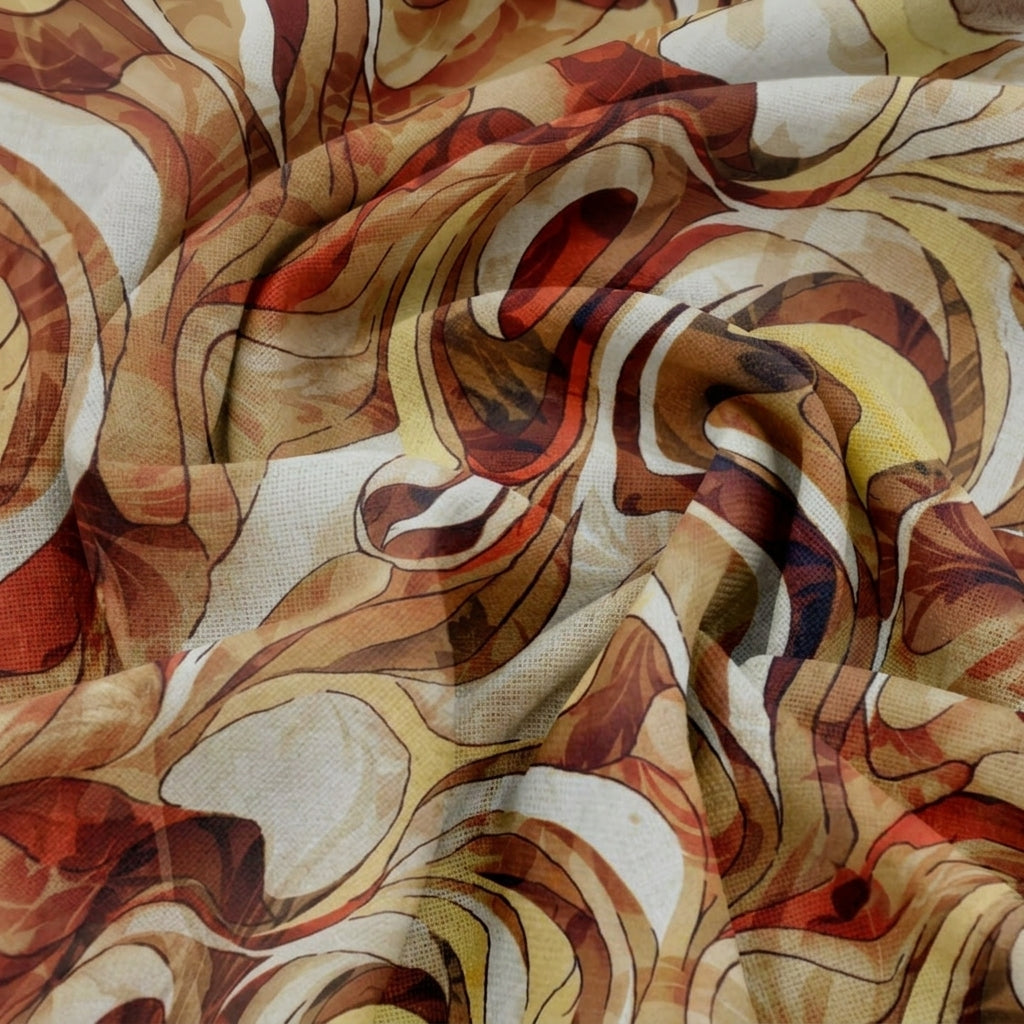 Swirled Abstract Yellow Abstract Organza Fabric