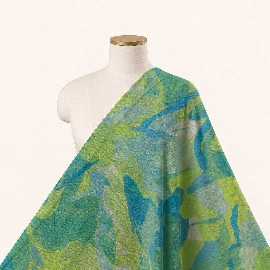 Abstract Green Abstract Organza Fabric Draped as a saree