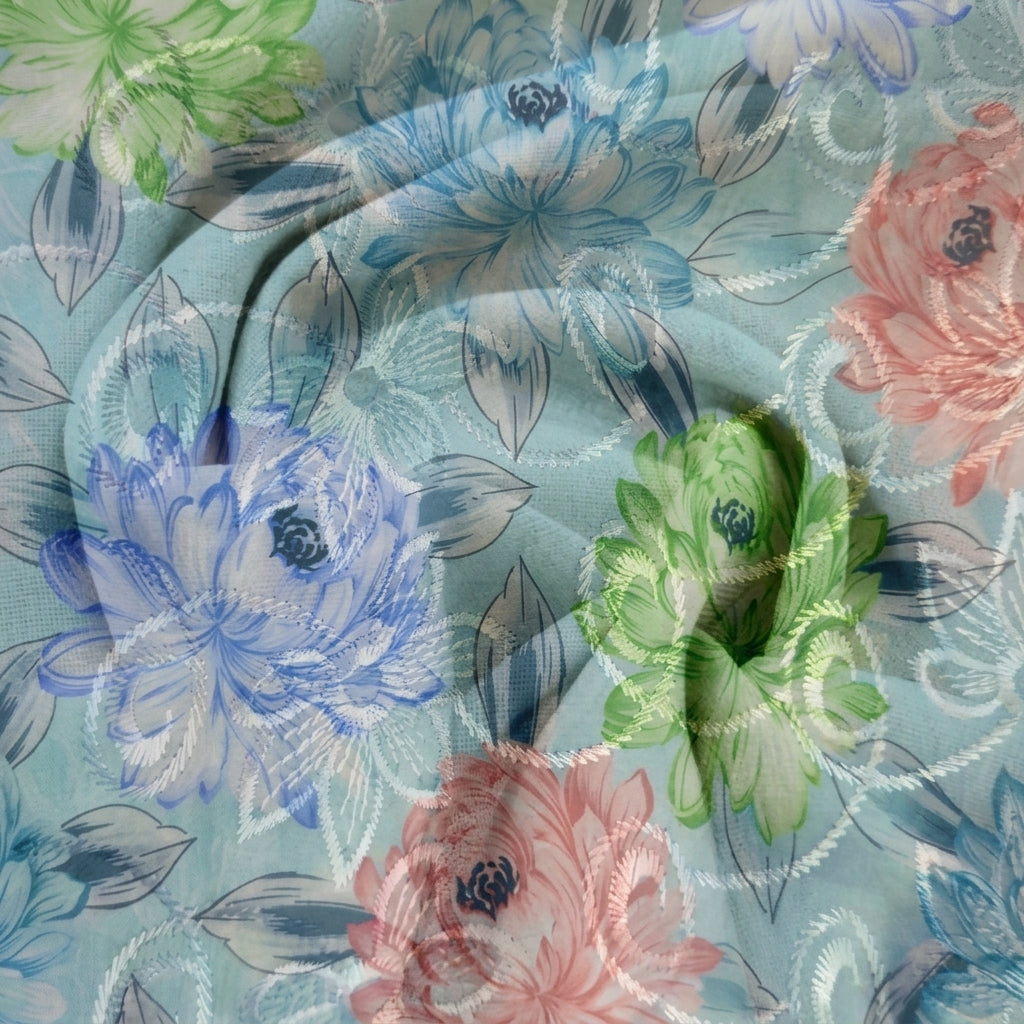 Swirled Embroidery Blue Embroidery Cotton Fabric
