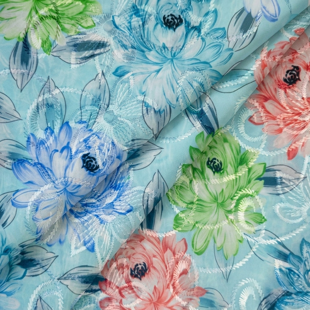 Folded Embroidery Blue Embroidery Cotton Fabric