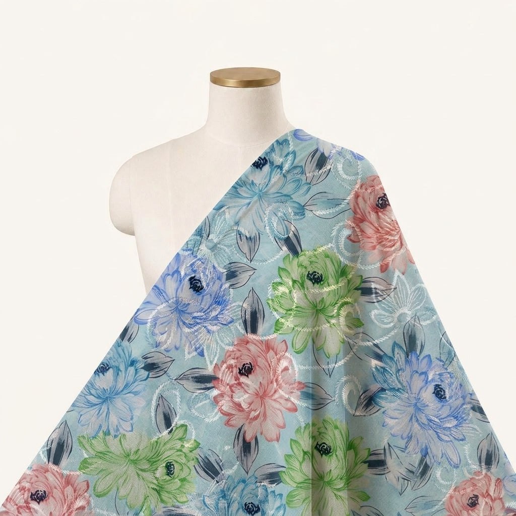 Embroidery Blue Embroidery Cotton Fabric Draped as a saree