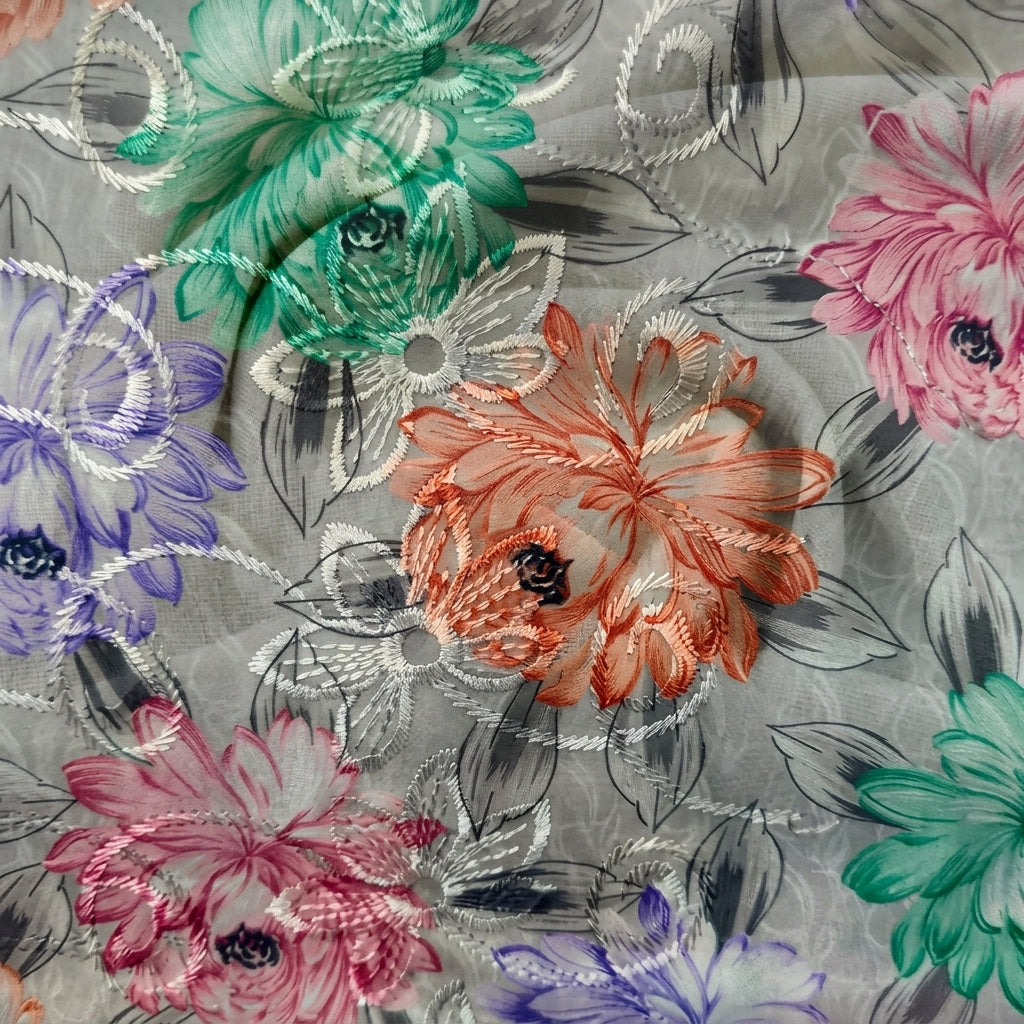 Swirled Embroidery Grey Embroidery Cotton Fabric