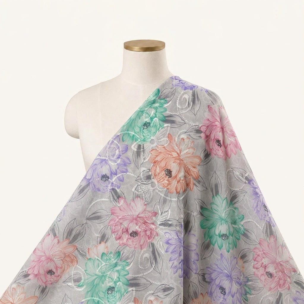 Embroidery Grey Embroidery Cotton Fabric Draped as a saree