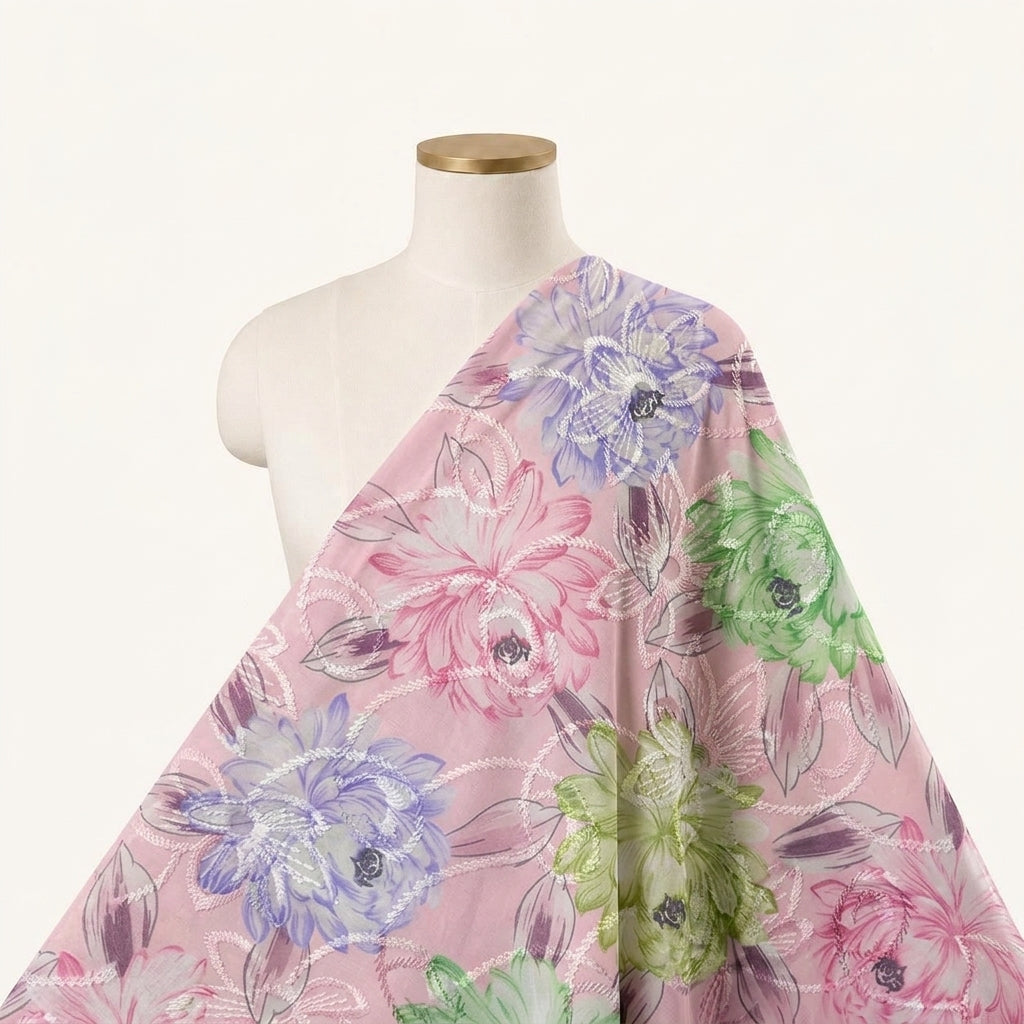 Embroidery Pink Embroidery Cotton Fabric Draped as a saree