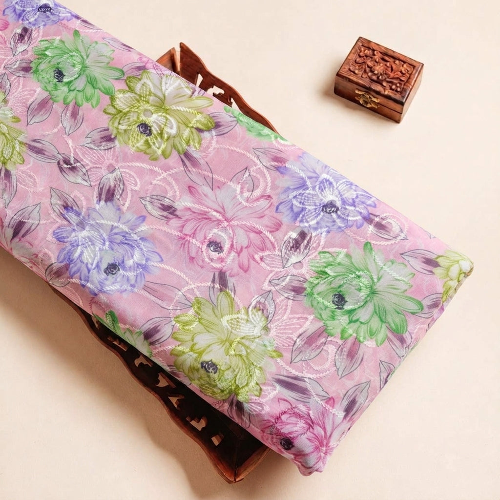 Folded Pink Embroidery Cotton Fabric Highlighting Floral Thread work and Texture
