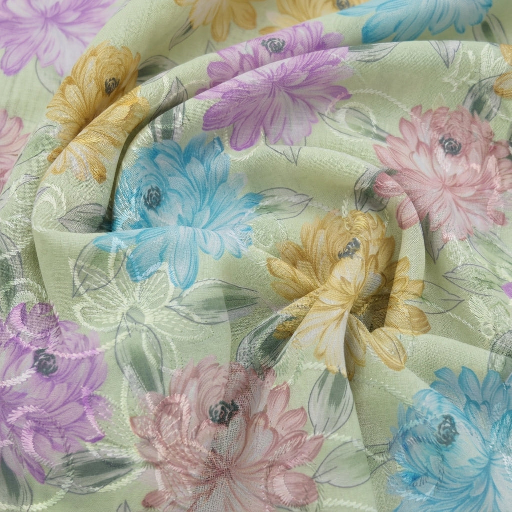 Swirled Embroidery Green Embroidery Cotton Fabric