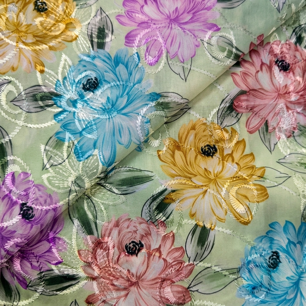Folded Embroidery Green Embroidery Cotton Fabric