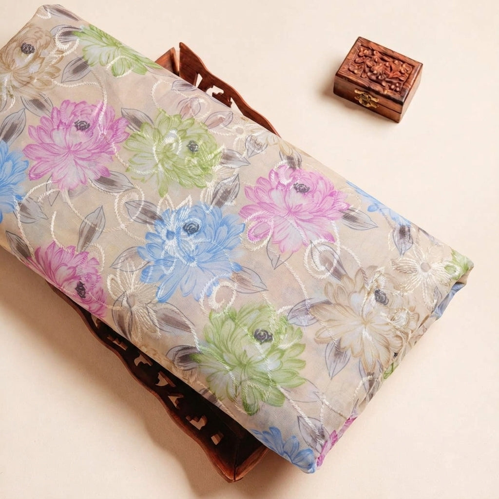 Folded Sandal Embroidery Cotton Fabric Highlighting Floral Thread work and Texture