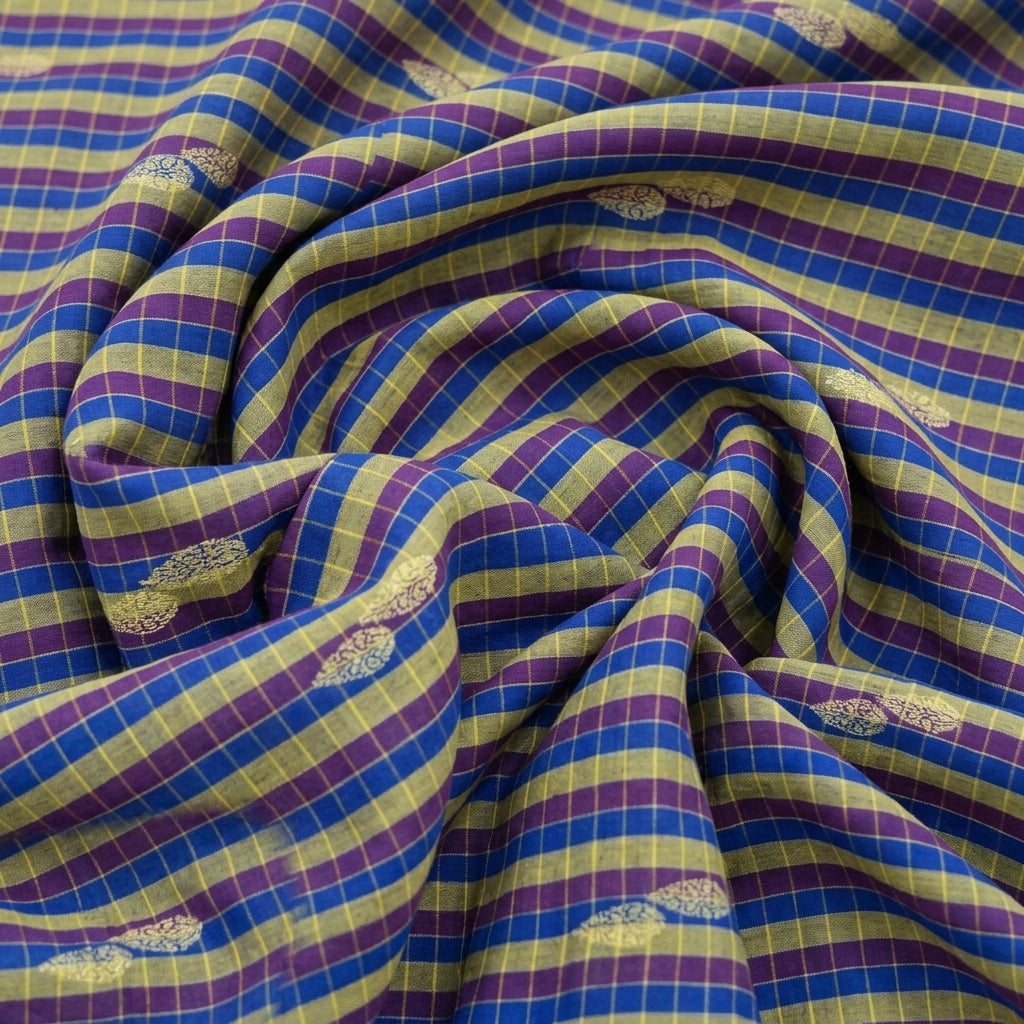 Swirled Checked Blue Checked Chanderi Fabric