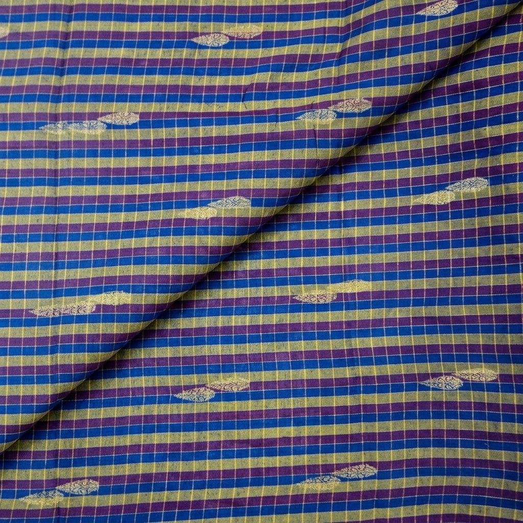 Folded Checked Blue Checked Chanderi Fabric