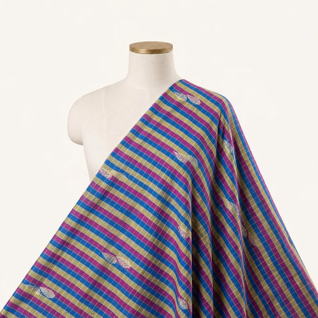 Checked Blue Checked Chanderi Fabric Draped as a saree