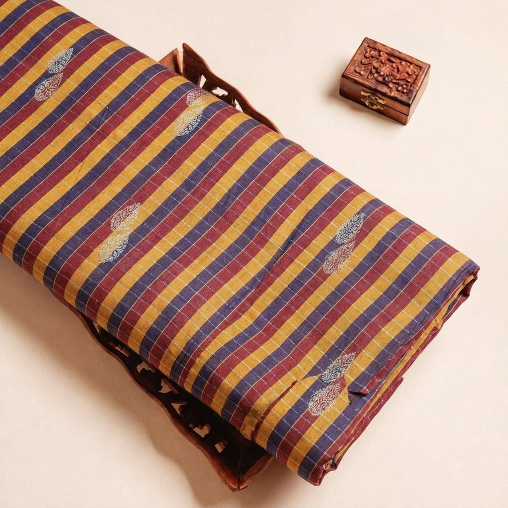 Folded Yellow Checked Chanderi Fabric Highlighting Stripes and Texture