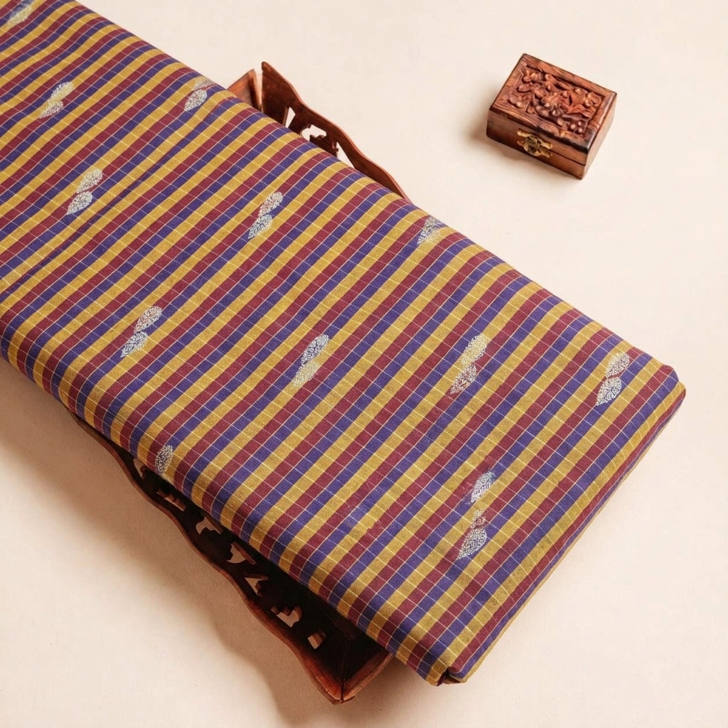Folded Maroon Checked Chanderi Fabric Highlighting Stripes and Texture