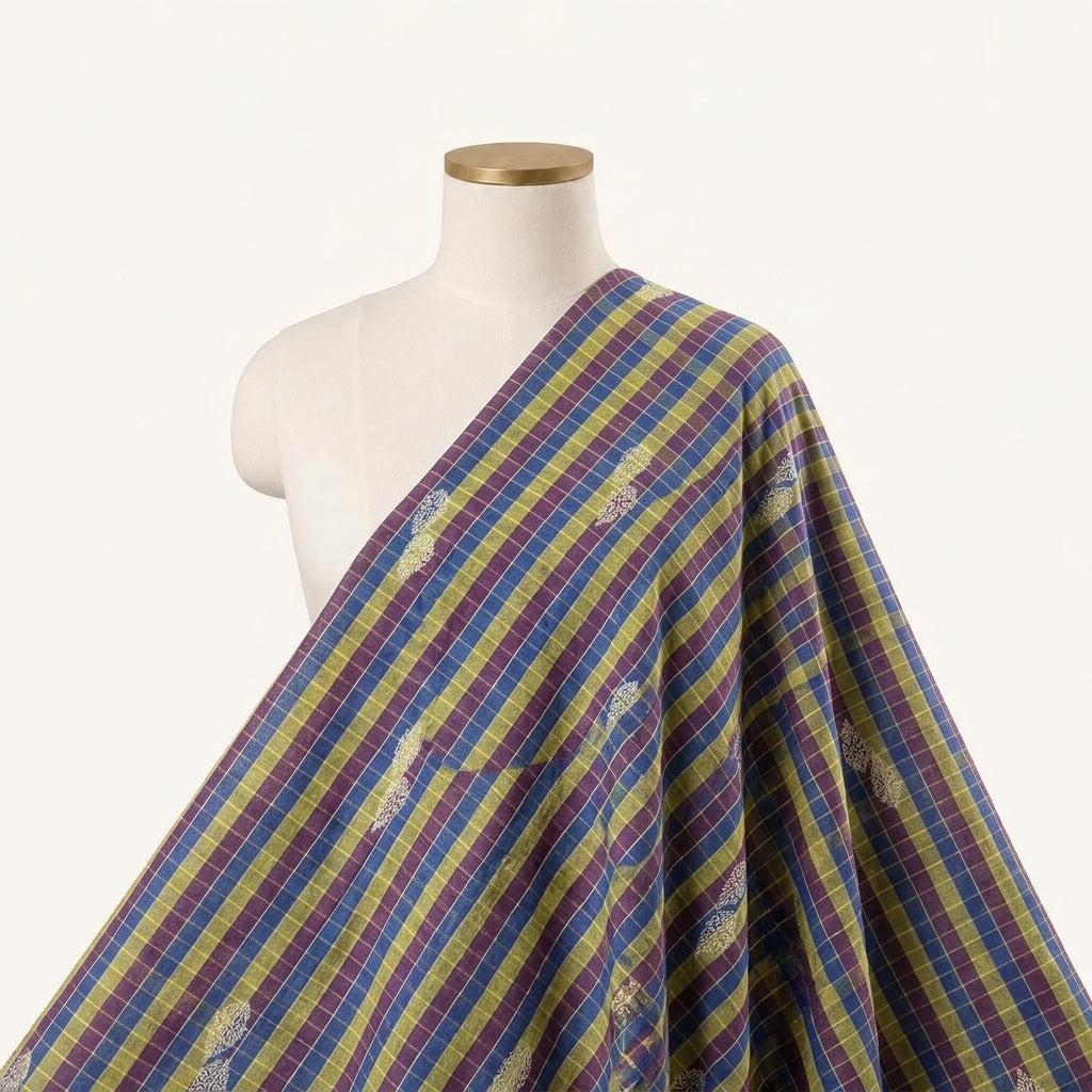 Checked Light Green Checked Chanderi Fabric Draped as a saree
