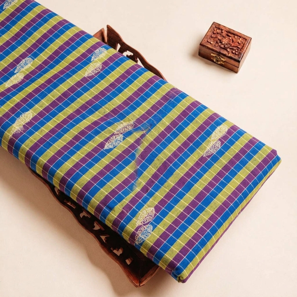 Folded Light Green Checked Chanderi Fabric Highlighting Stripes and Texture