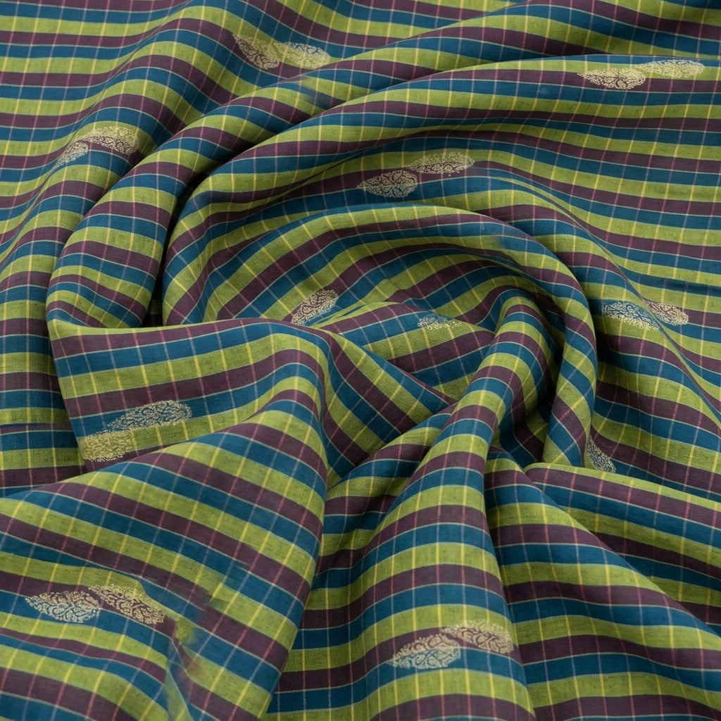 Swirled Checked Green Checked Chanderi Fabric