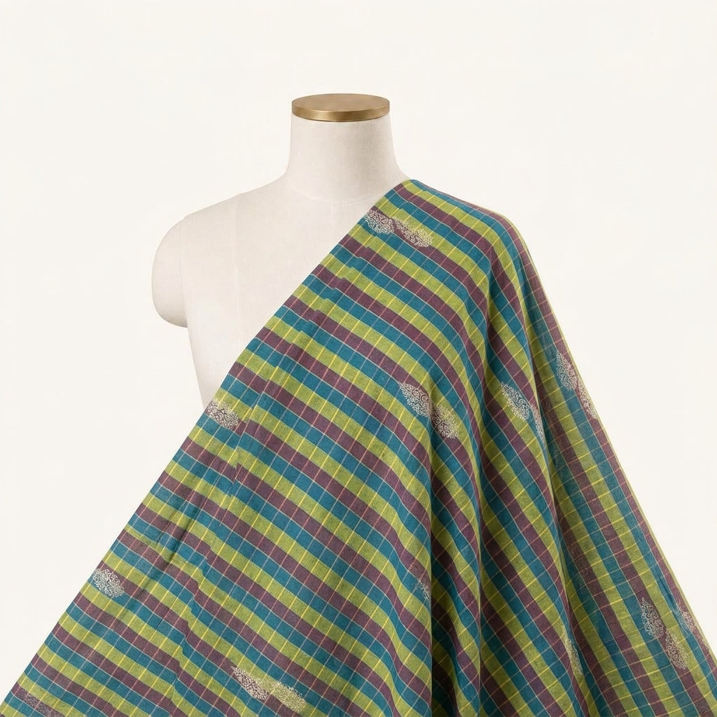 Checked Green Checked Chanderi Fabric Draped as a saree